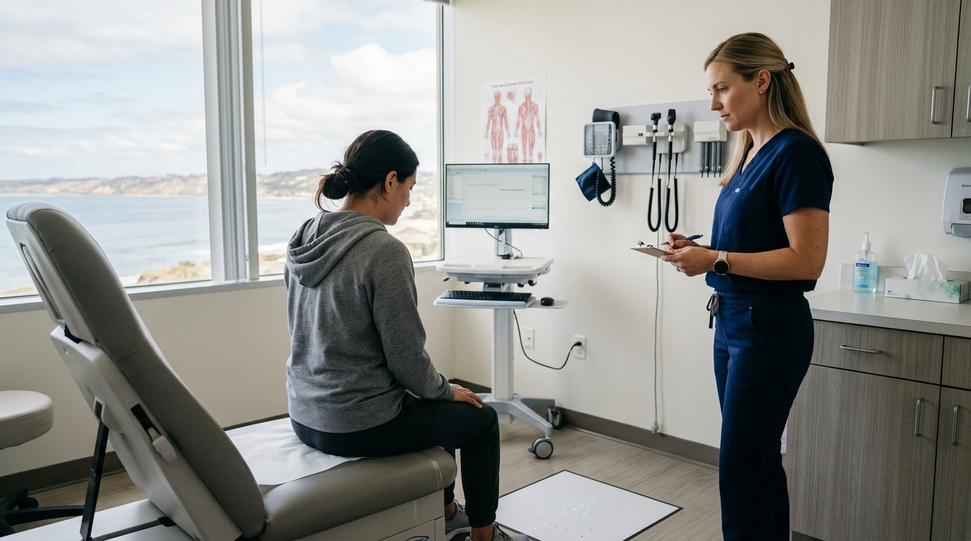 Calm clinical exam room prepared for migraine and dizziness evaluation near La Jolla