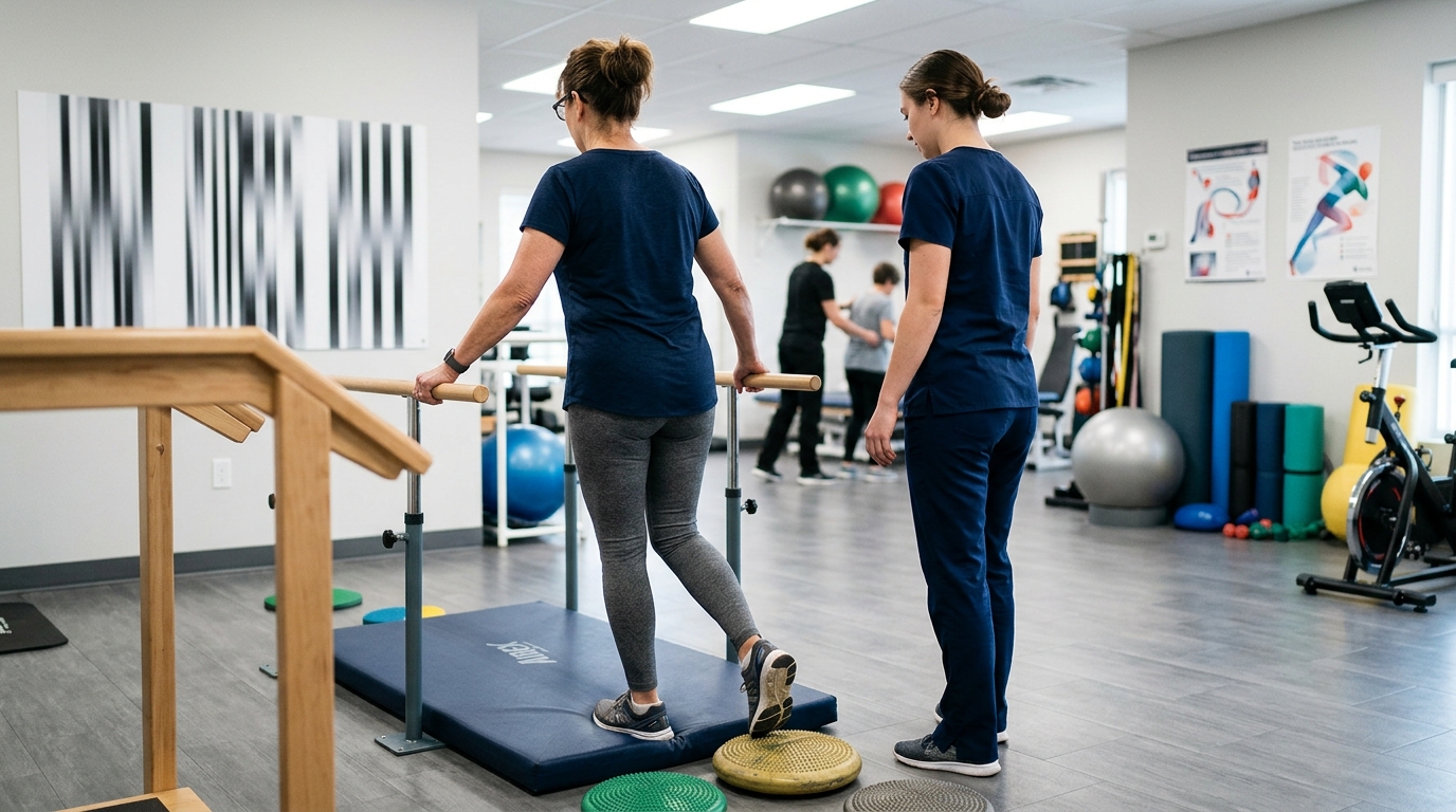Clinical balance testing setup for motion sensitivity and dizziness evaluation