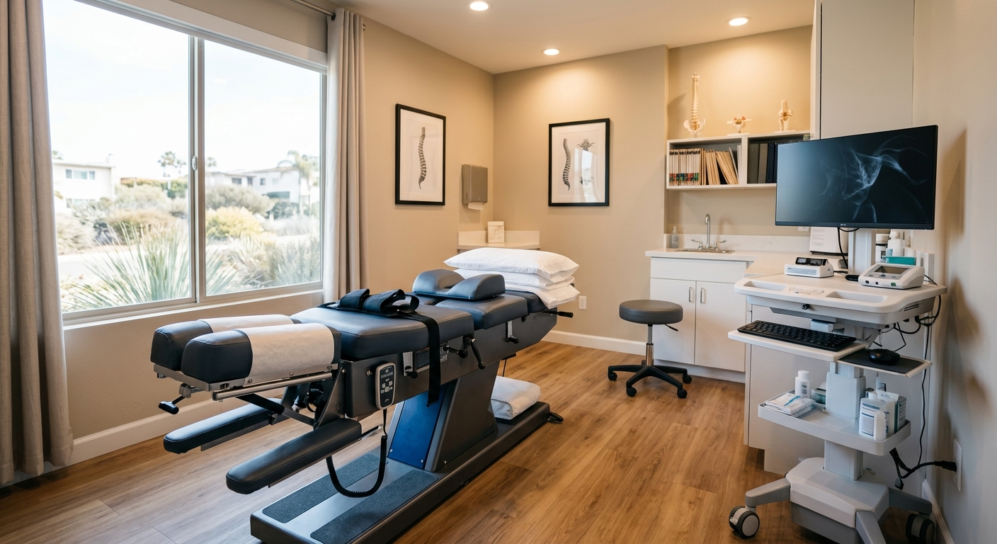 Clinical treatment room showing spinal decompression table and therapeutic equipment for non-surgical bulging disc care
