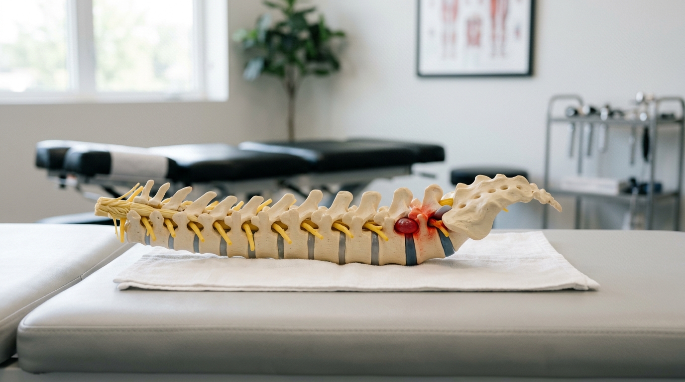 Spinal anatomy model showing herniated disc and nerve root in a clinical setting
