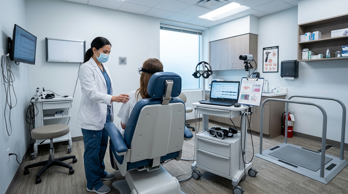 Clinical vestibular evaluation room with balance testing equipment