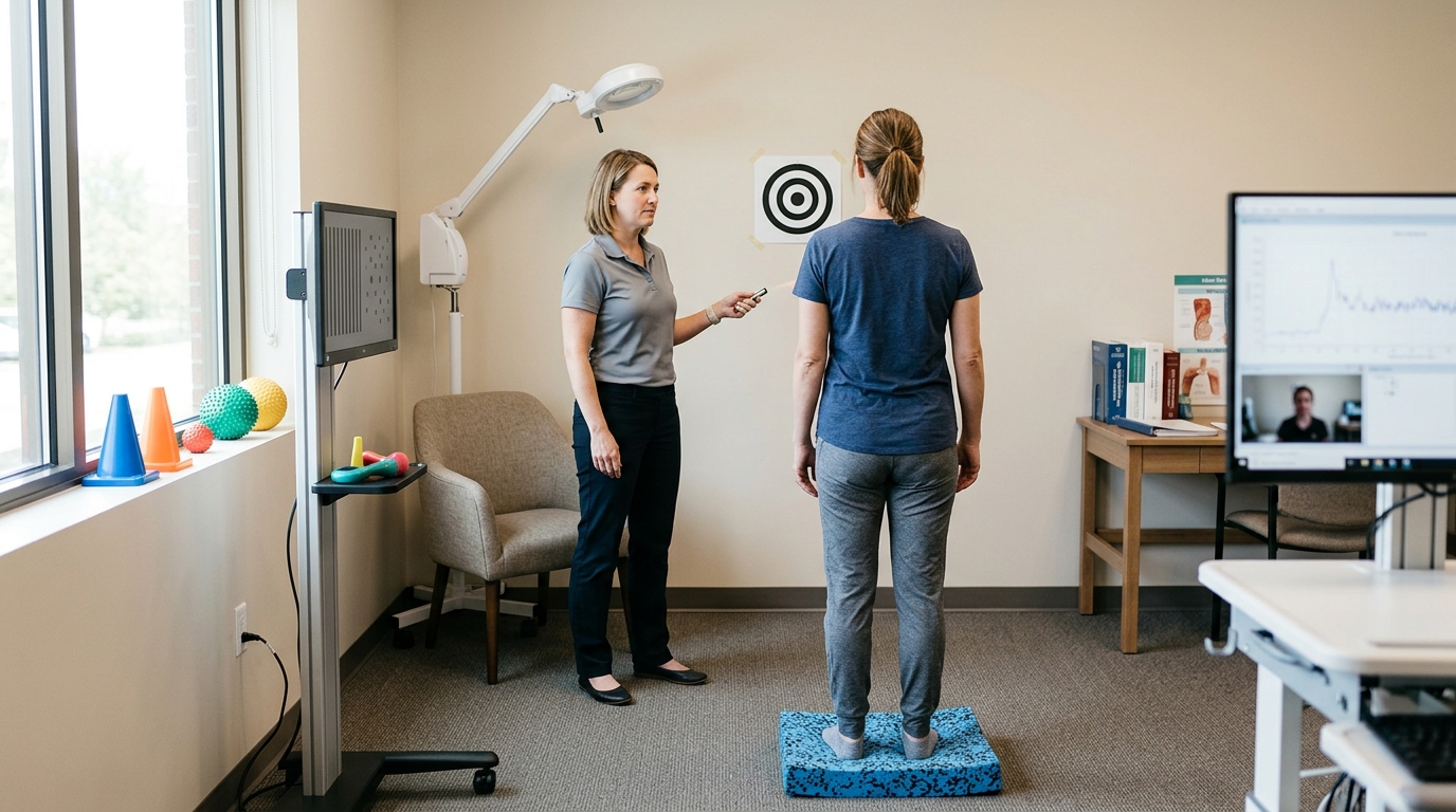Calm clinical rehabilitation setting representing persistent concussion symptoms without faces