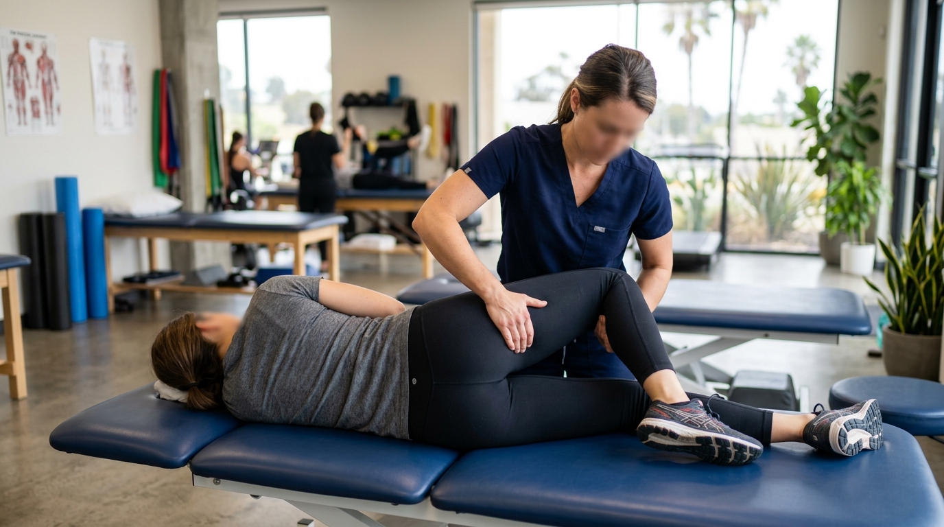 Exam room view representing piriformis syndrome treatment and hip-related leg pain evaluation in San Diego