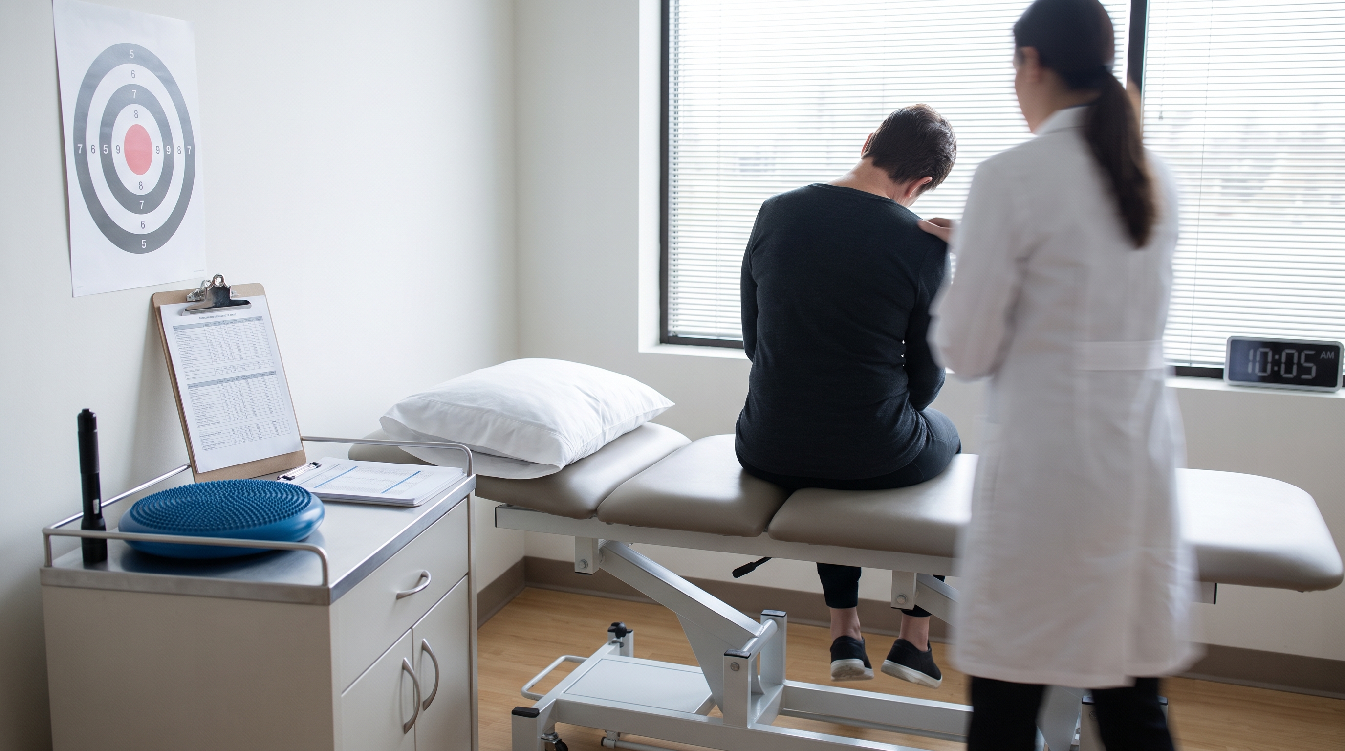 Clinical post-concussion headache evaluation setup with balance target, penlight, foam pad, exam table, and neurologic rehab tools, no faces visible