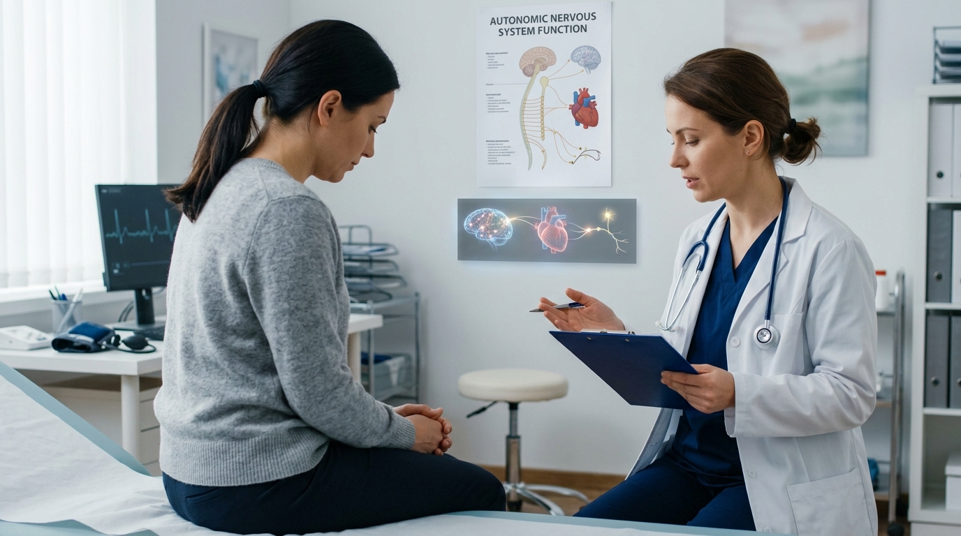 Photorealistic clinical image representing brain fog, autonomic strain, and cognitive fatigue without text