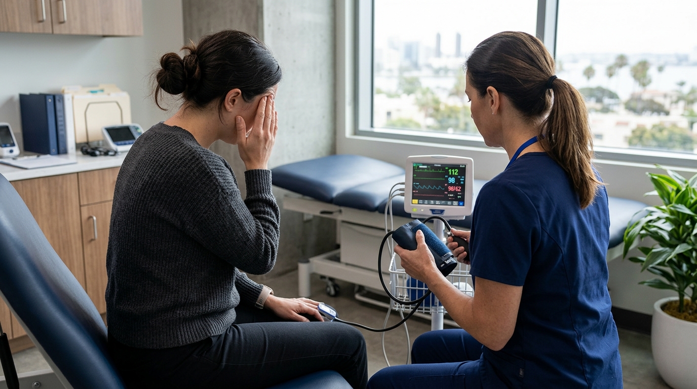 Clinical rehabilitation setting representing autonomic symptoms, headache, and dizziness without text or faces