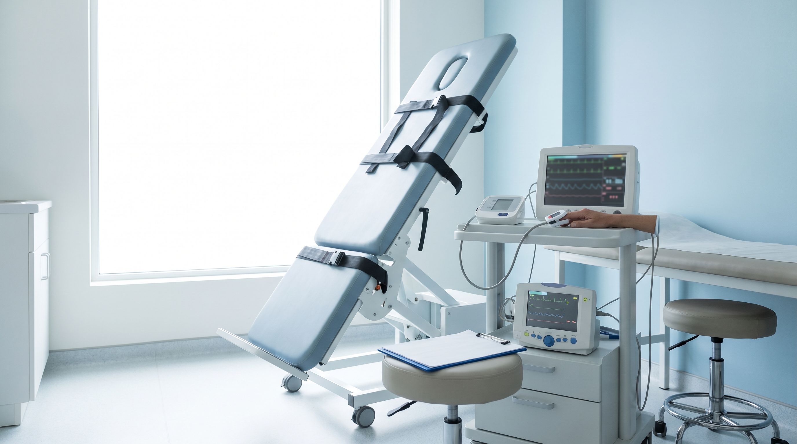 Clinical autonomic evaluation setup with heart rate and blood pressure monitoring in a clean exam room
