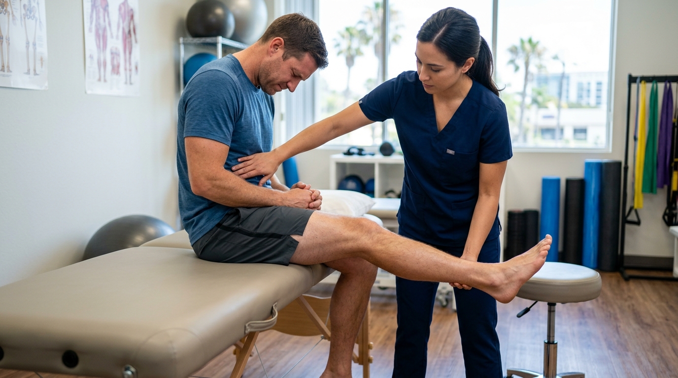 Clinical evaluation setup for radiating leg pain symptoms in a San Diego spine and rehab setting