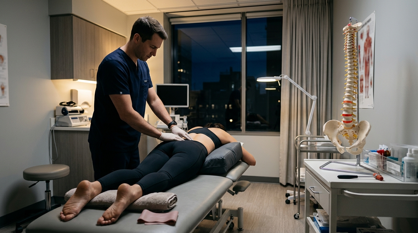 Clean clinical exam room with a spine model and examination table representing nighttime sciatica evaluation