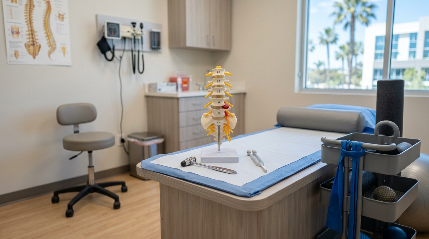 Clinical exam room setup for sciatica evaluation with spine model and rehabilitation equipment