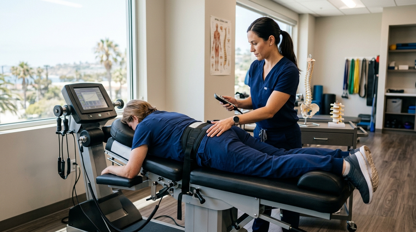 Modern spinal decompression table in a clean San Diego clinic treatment room