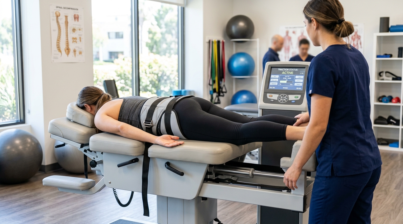 Clinical spinal decompression setup for bulging disc-related back pain in San Diego