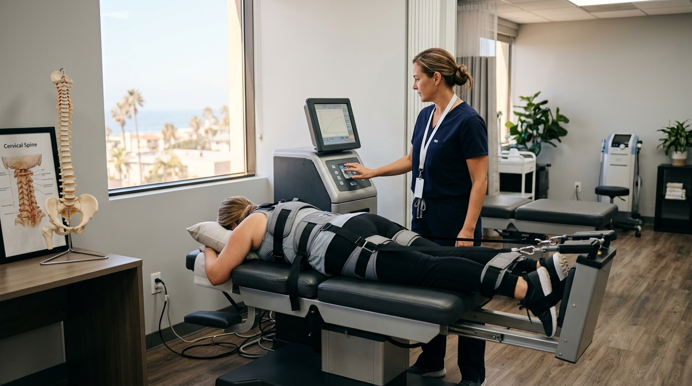 Modern spinal decompression table in a clean San Diego clinic room with no people visible