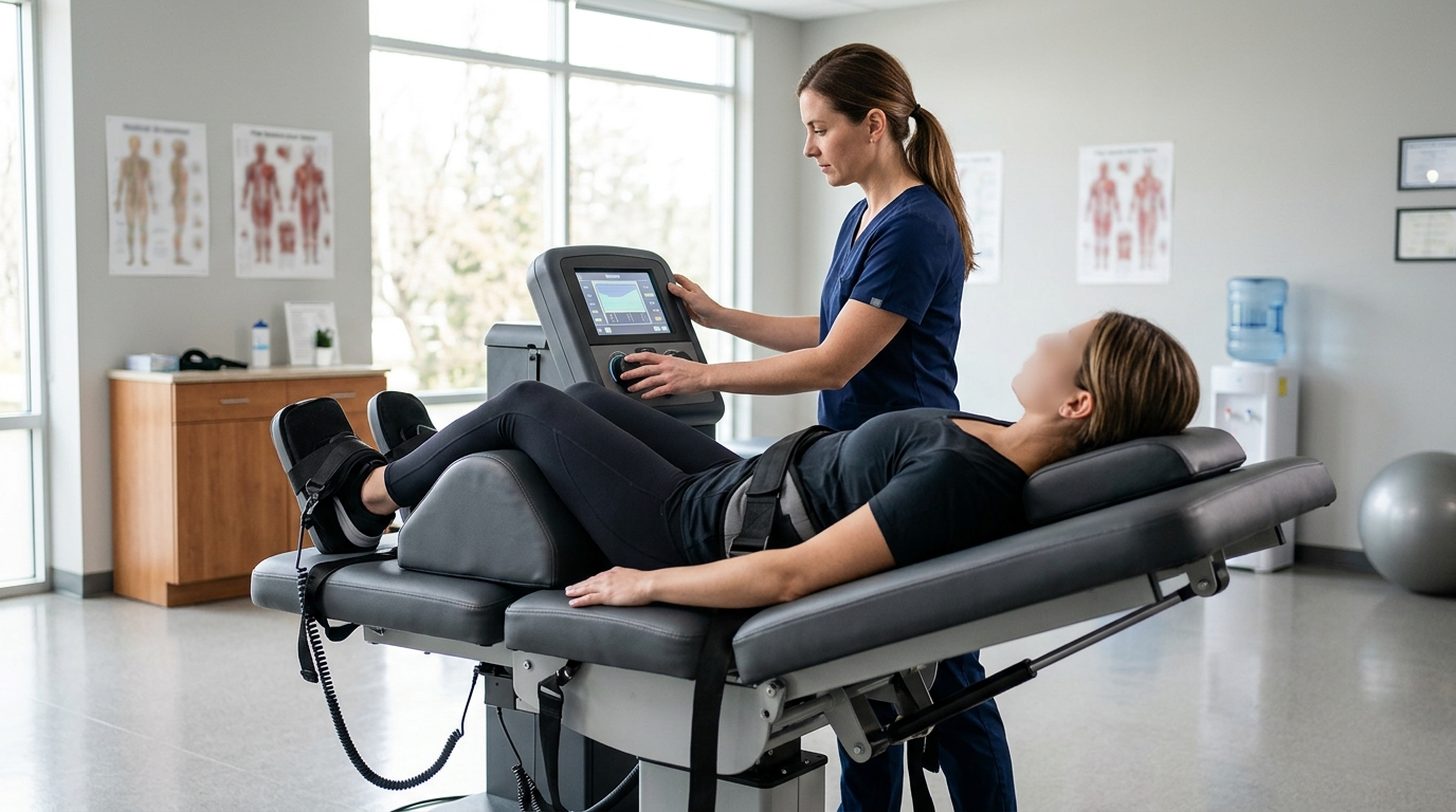 Non-surgical spinal decompression setup for lower back pain in a San Diego clinic