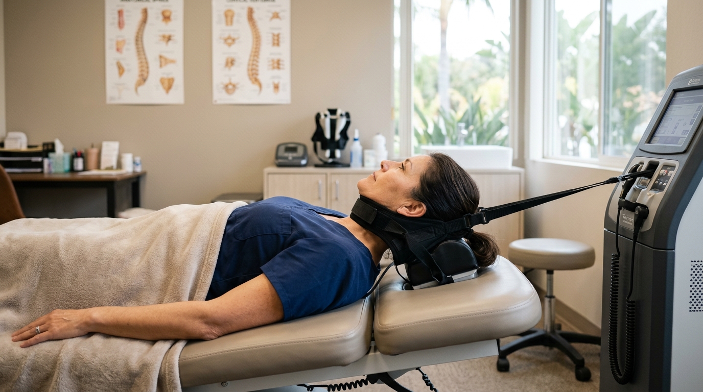 Photorealistic clinical image of cervical spine care in a modern San Diego neurology and chiropractic office