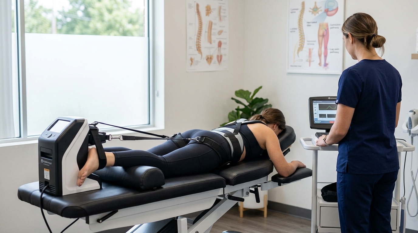 Spinal decompression table in a clean clinical setting for sciatica evaluation