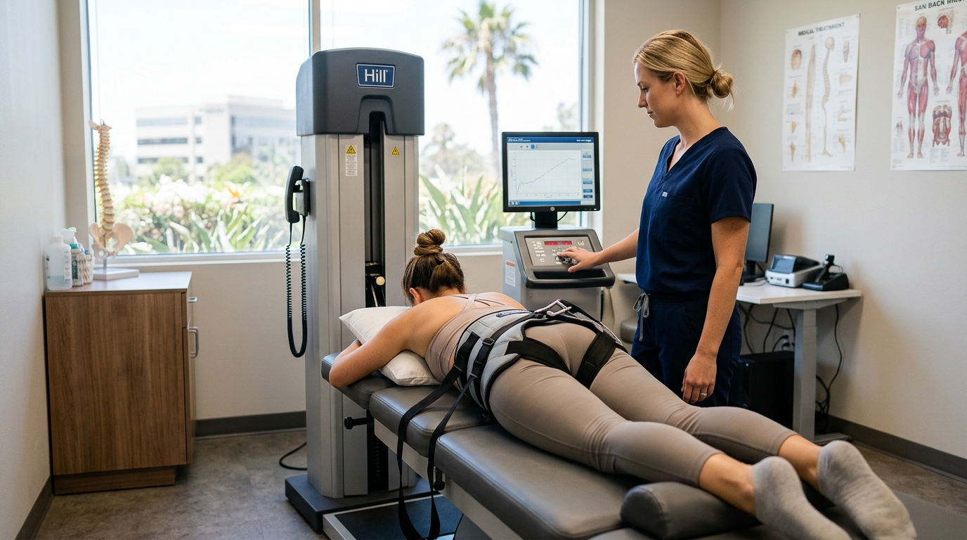 Modern spinal decompression treatment room in a clean clinical setting in San Diego