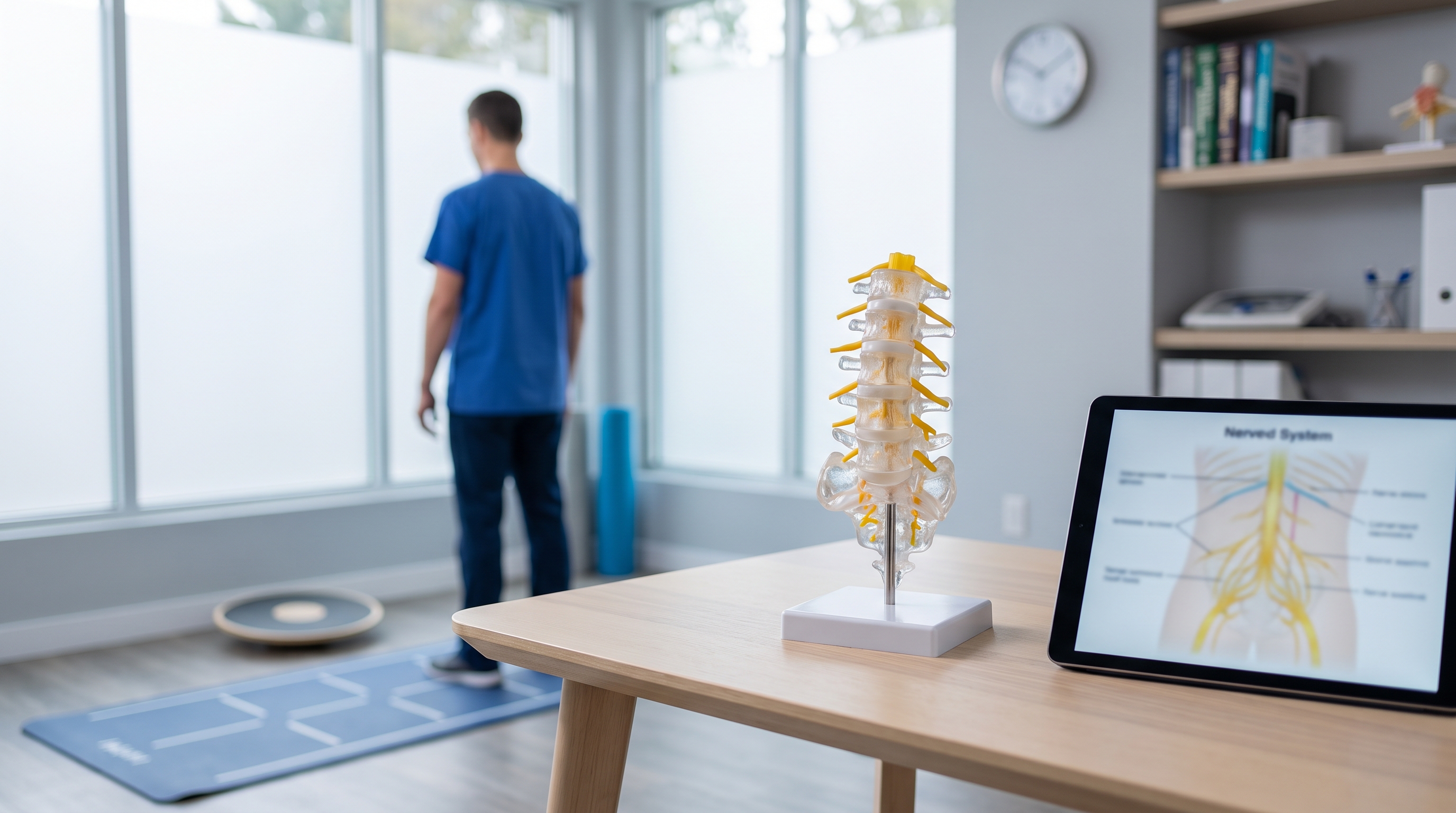 Clinical lumbar spine model beside a neutral gait and neurologic assessment setup