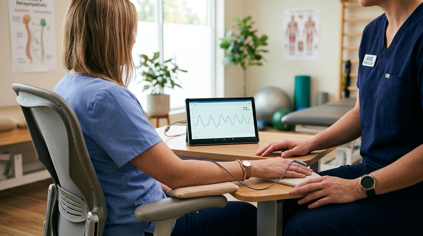 Clinical autonomic rehabilitation scene with heart-rate monitoring and calming neurologic visual cues