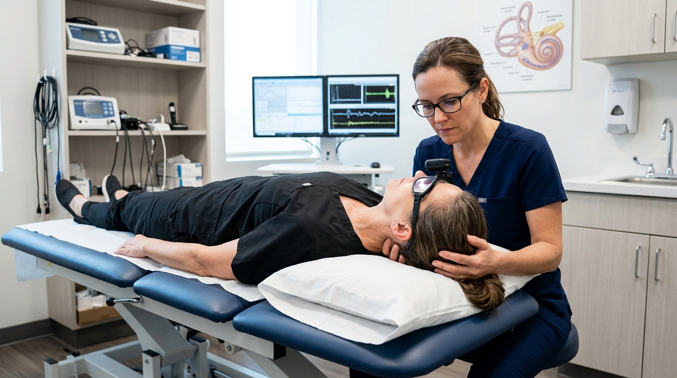 Calm clinical vestibular evaluation setup representing positional vertigo when rolling in bed