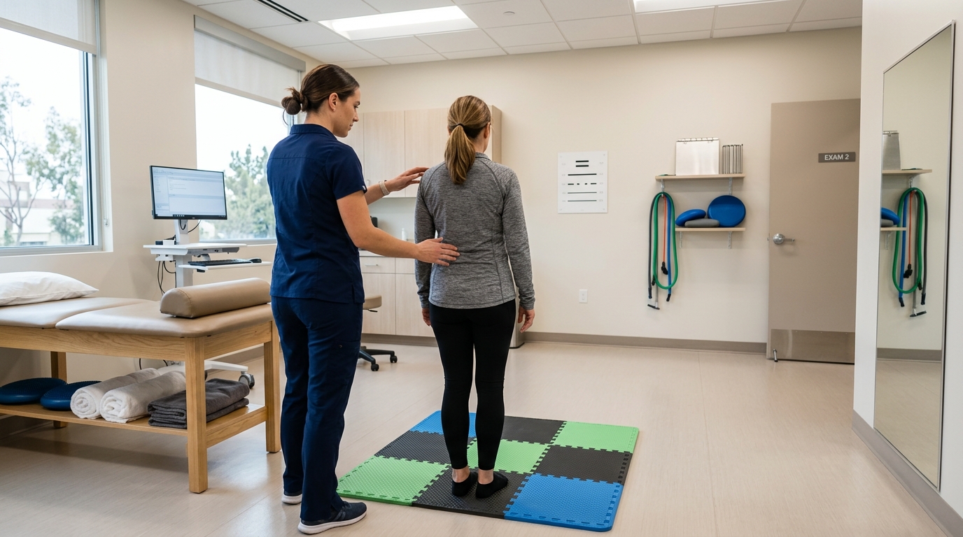 Clinical vestibular therapy evaluation setup in a San Diego rehabilitation setting