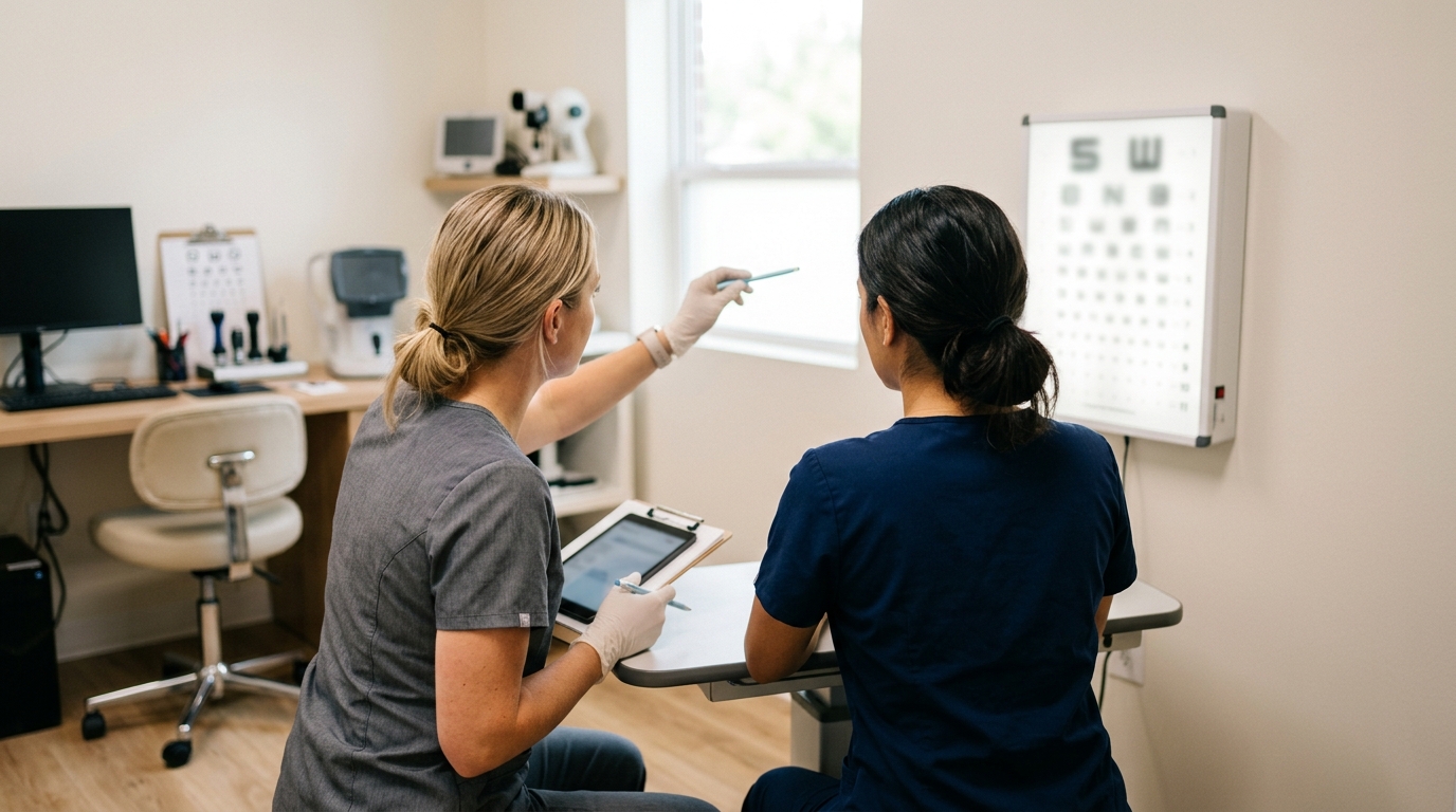 Clean clinical visual rehabilitation assessment setup without text or visible faces