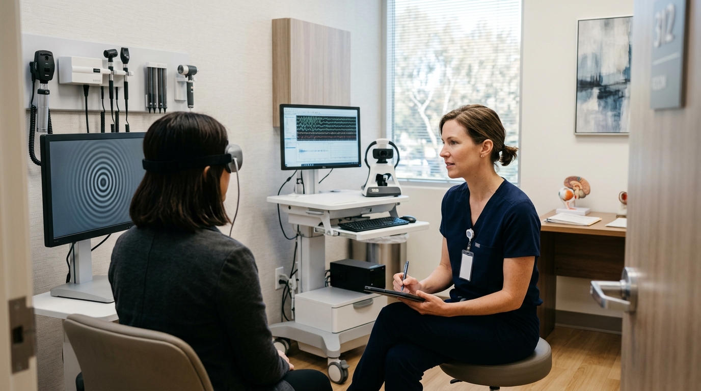 Calm clinical exam room setup representing visual migraine evaluation and dizziness rehabilitation in San Diego
