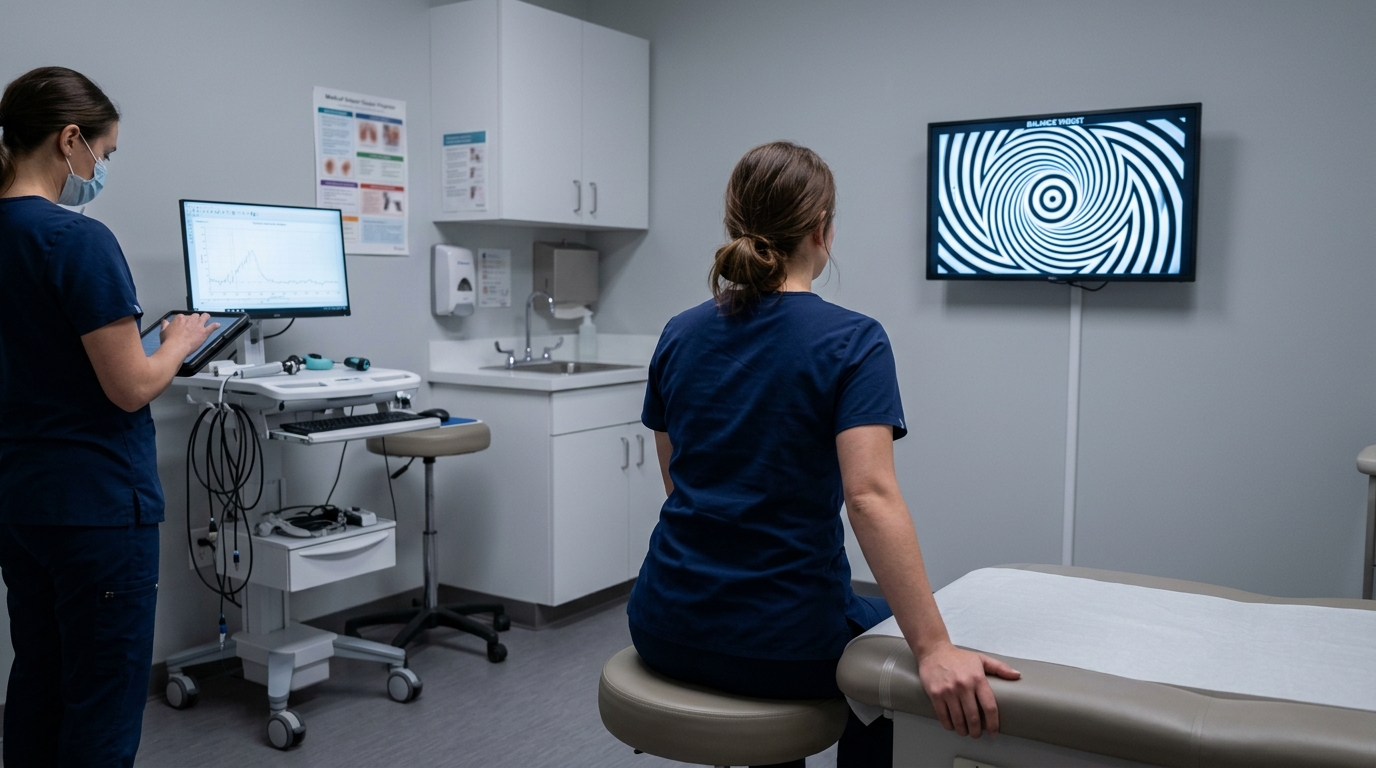 Calm clinical vestibular exam room with balance target and motion-sensitivity visual cues