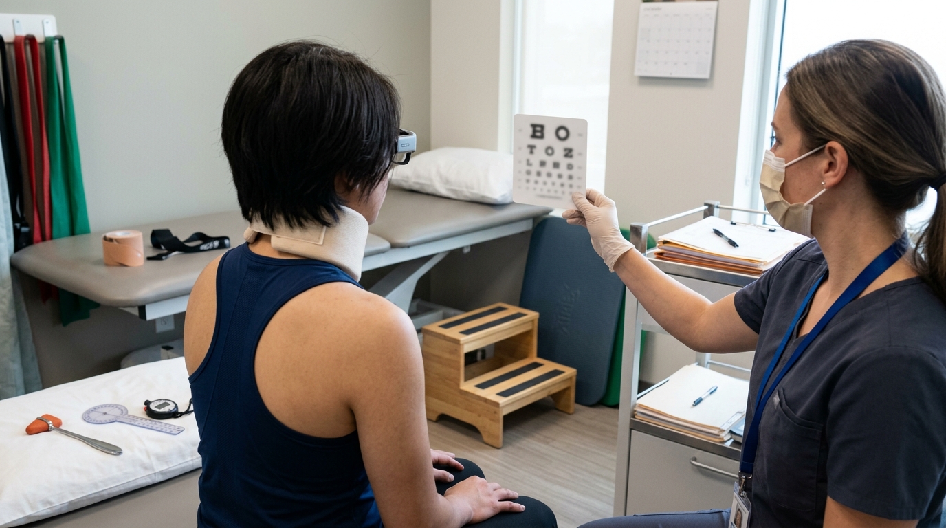 Clinical rehabilitation setting illustrating reevaluation for returning concussion symptoms