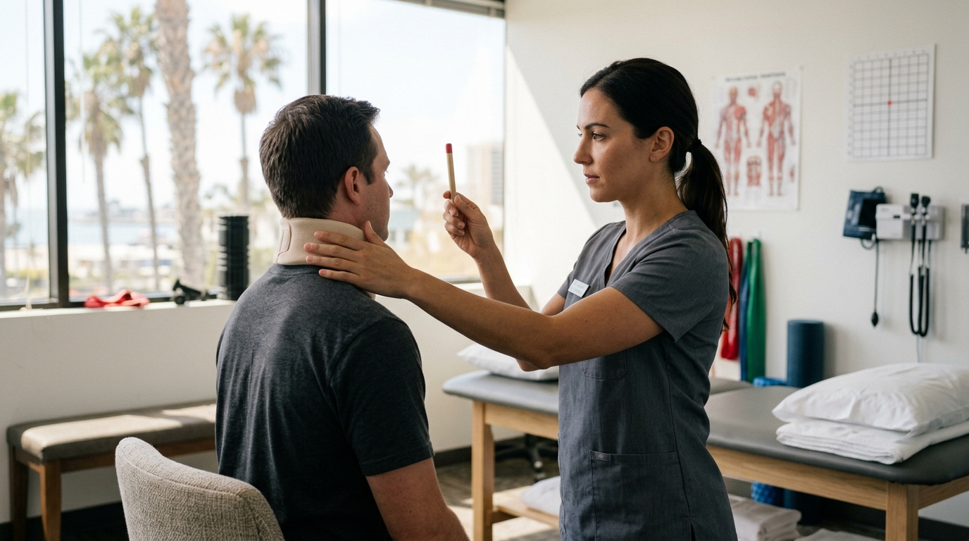 Clinical rehabilitation setting illustrating evaluation for whiplash-related neck pain and dizziness