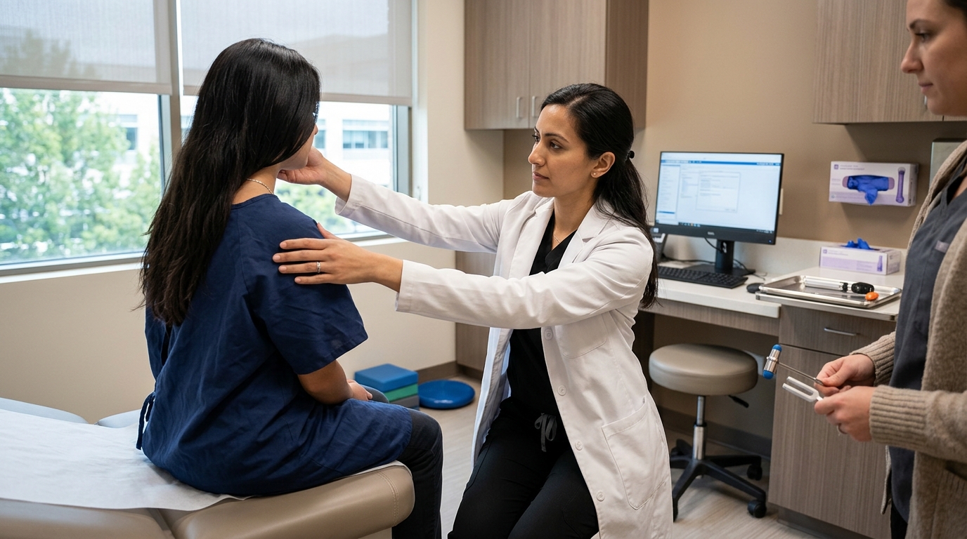 Clinical neck and neurologic post-injury assessment in a modern exam room