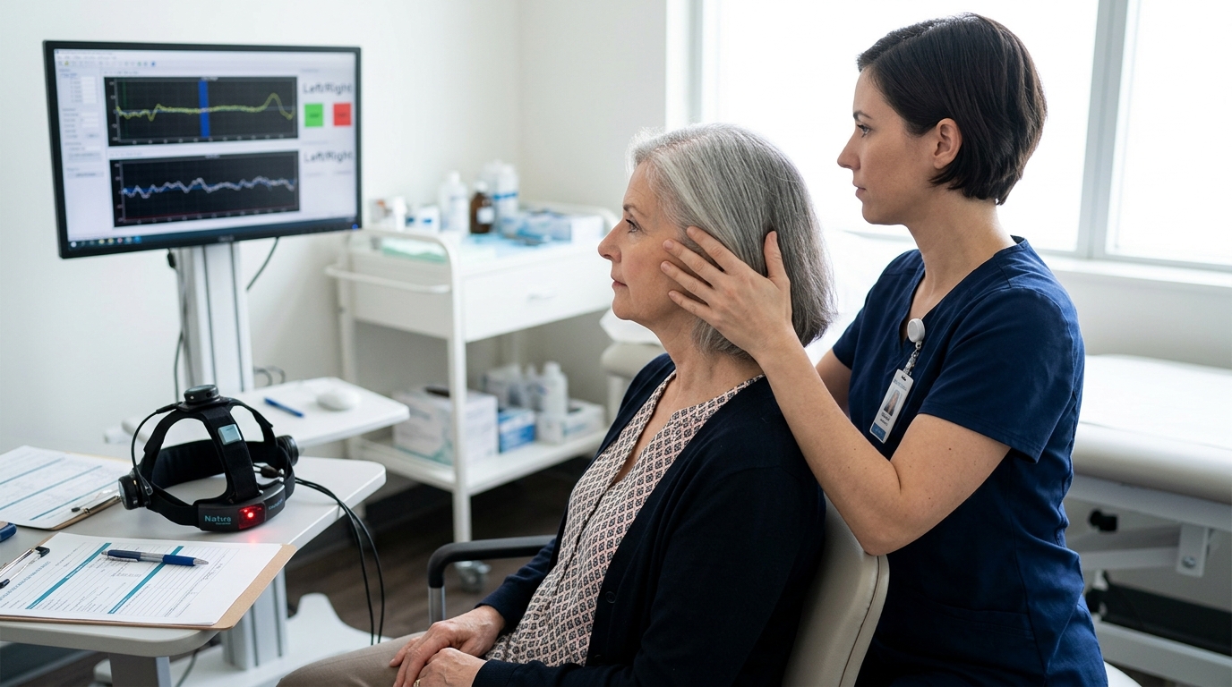 Clinical vestibular evaluation setup for dizziness triggered by head turning