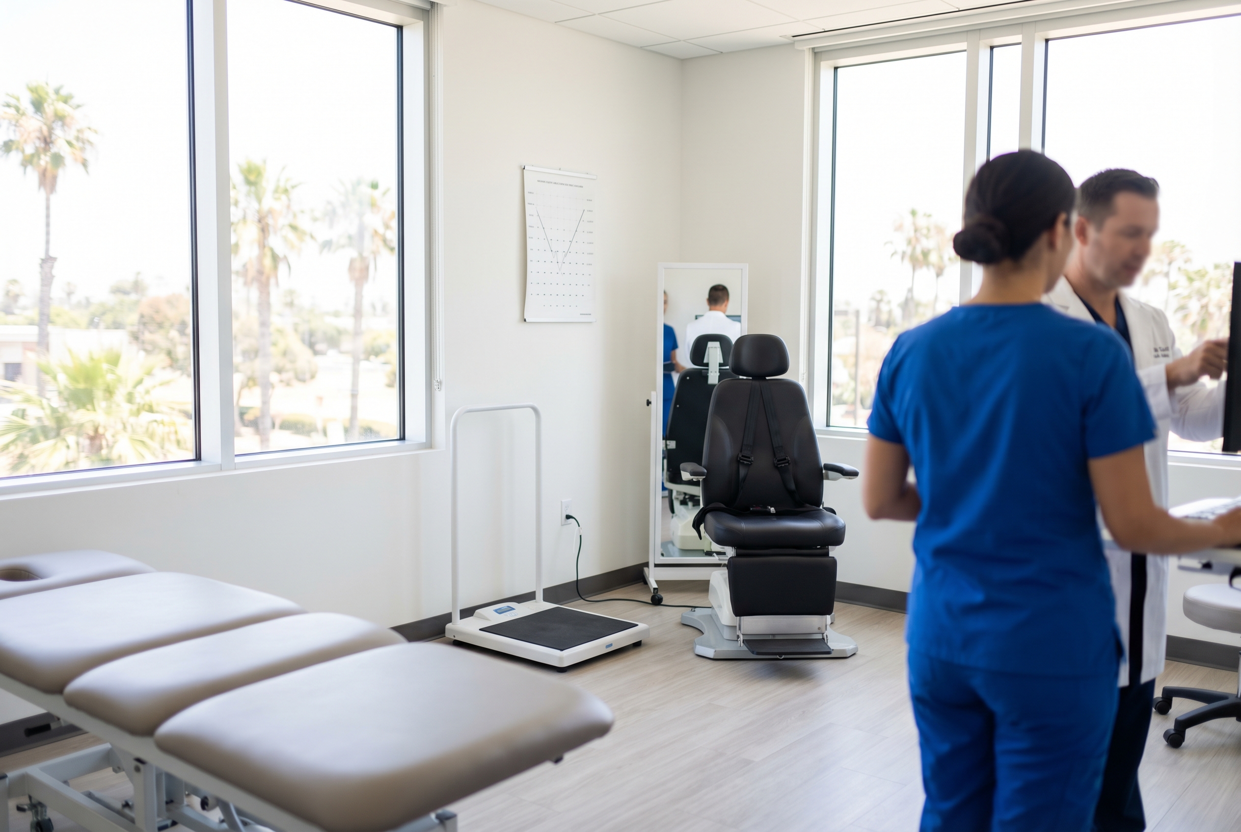 Functional neurology evaluation in a San Diego clinic with balance and vestibular rehabilitation equipment