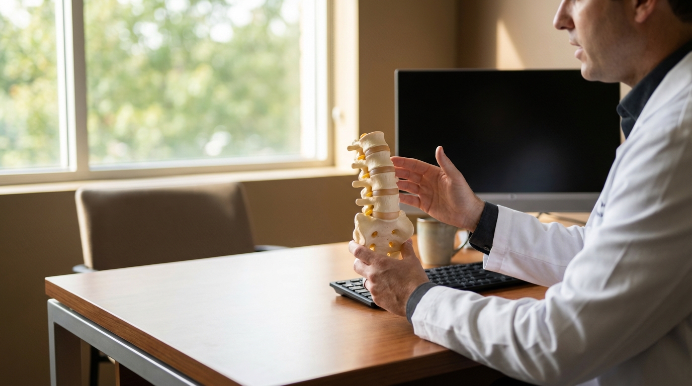 Doctor reviewing lumbar spine MRI scan for herniated disc treatment in San Diego