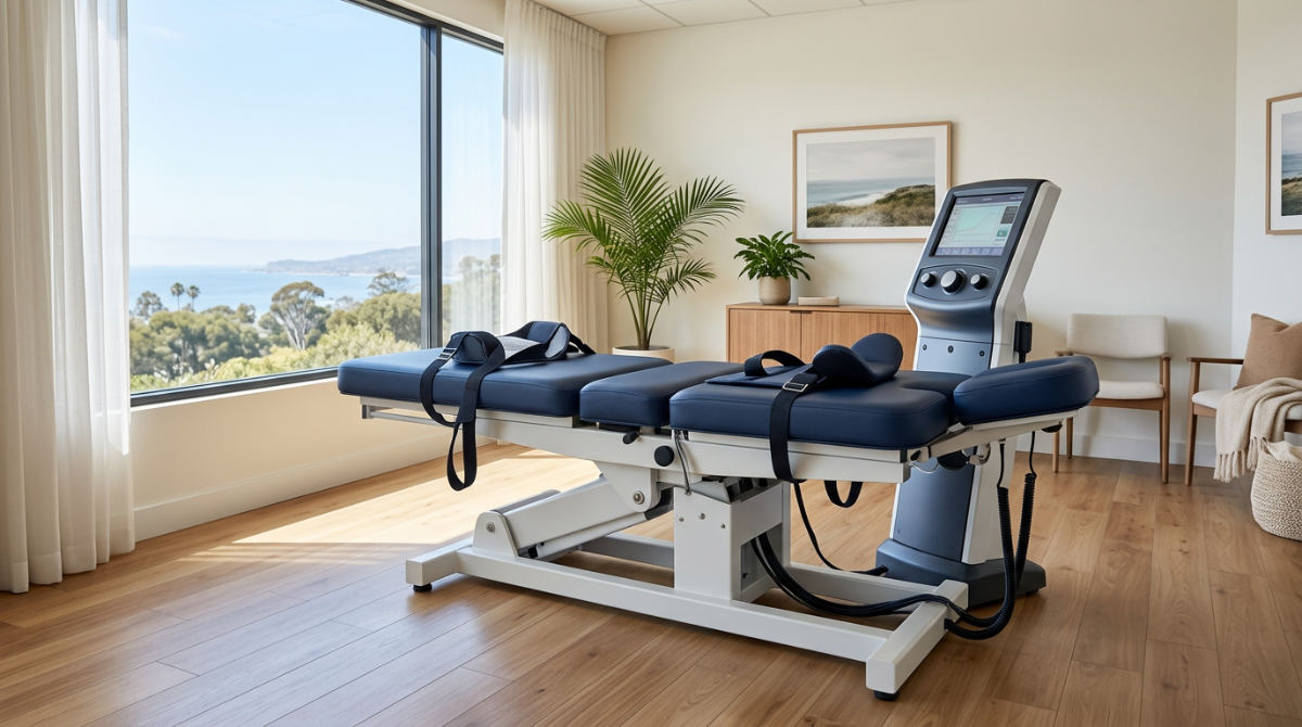 A modern spinal decompression machine in a clinical setting designed for treating herniated discs and sciatica.