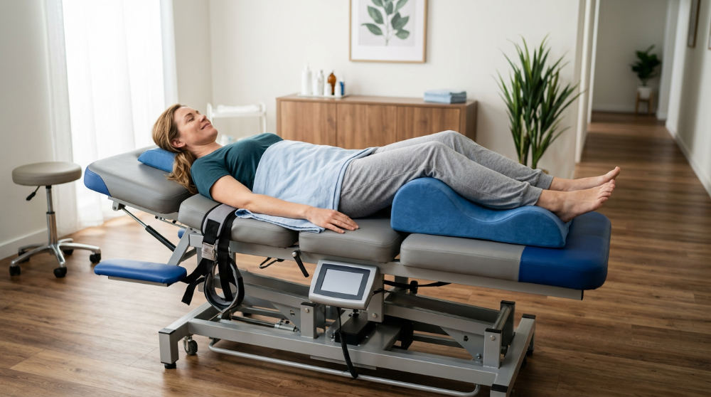 A patient receiving non-surgical spinal decompression therapy on a computerized table for disc repair.