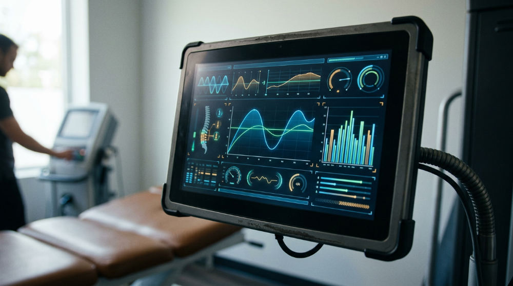 The computerized control interface of a professional spinal decompression machine showing biofeedback data.