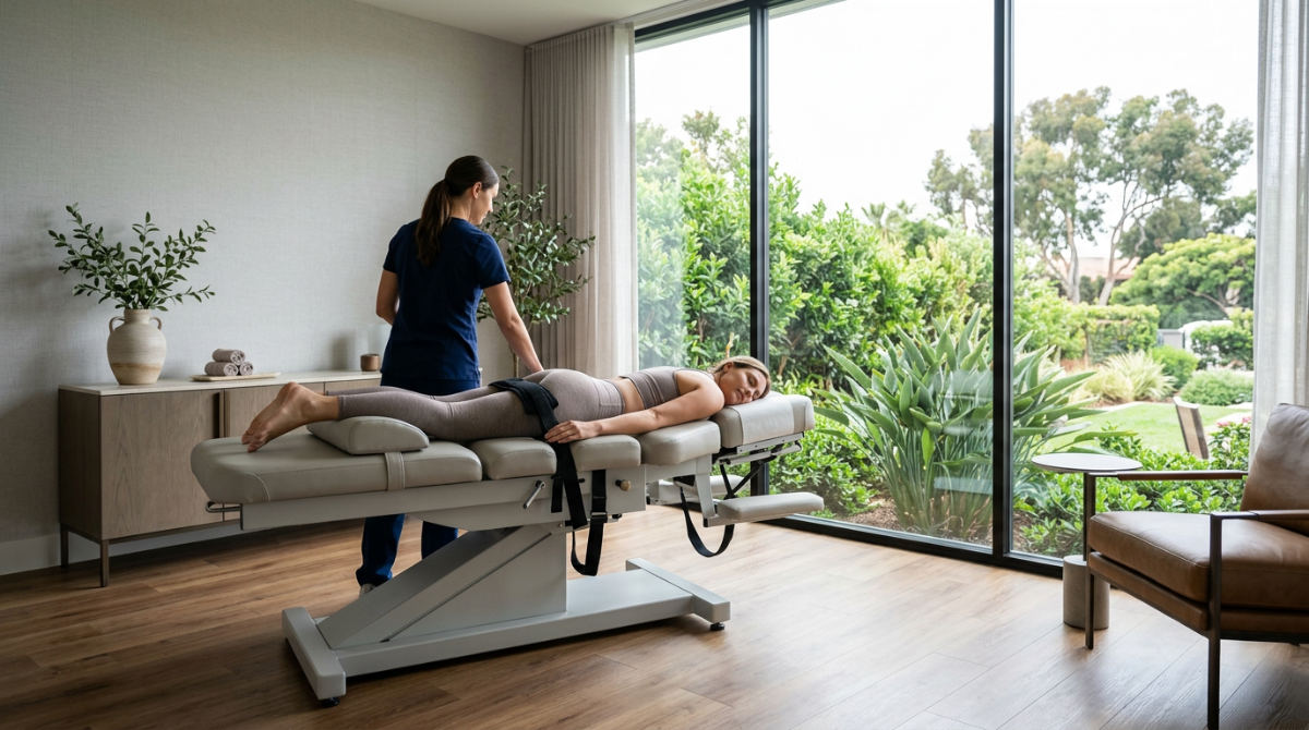 A modern non-surgical spinal decompression table located in a bright professional clinic in La Jolla.
