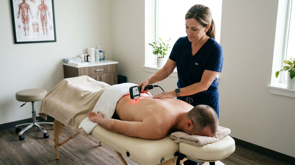 A clinician applying Erchonia low-level laser therapy to a patient's back to treat nerve inflammation.