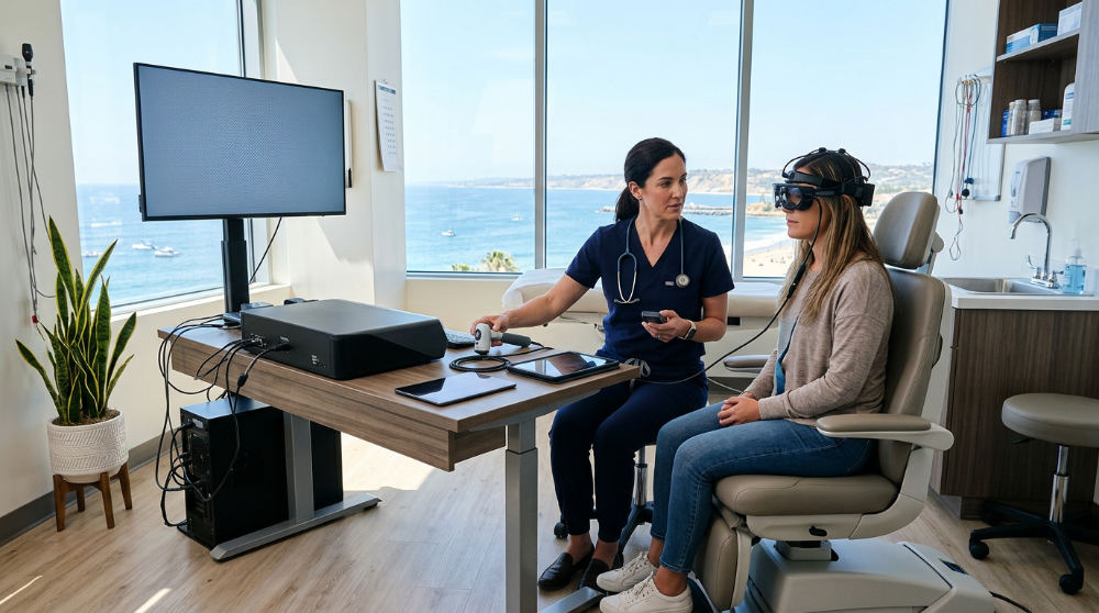 A patient participating in a functional neurology assessment to identify neural pathway dysfunction.