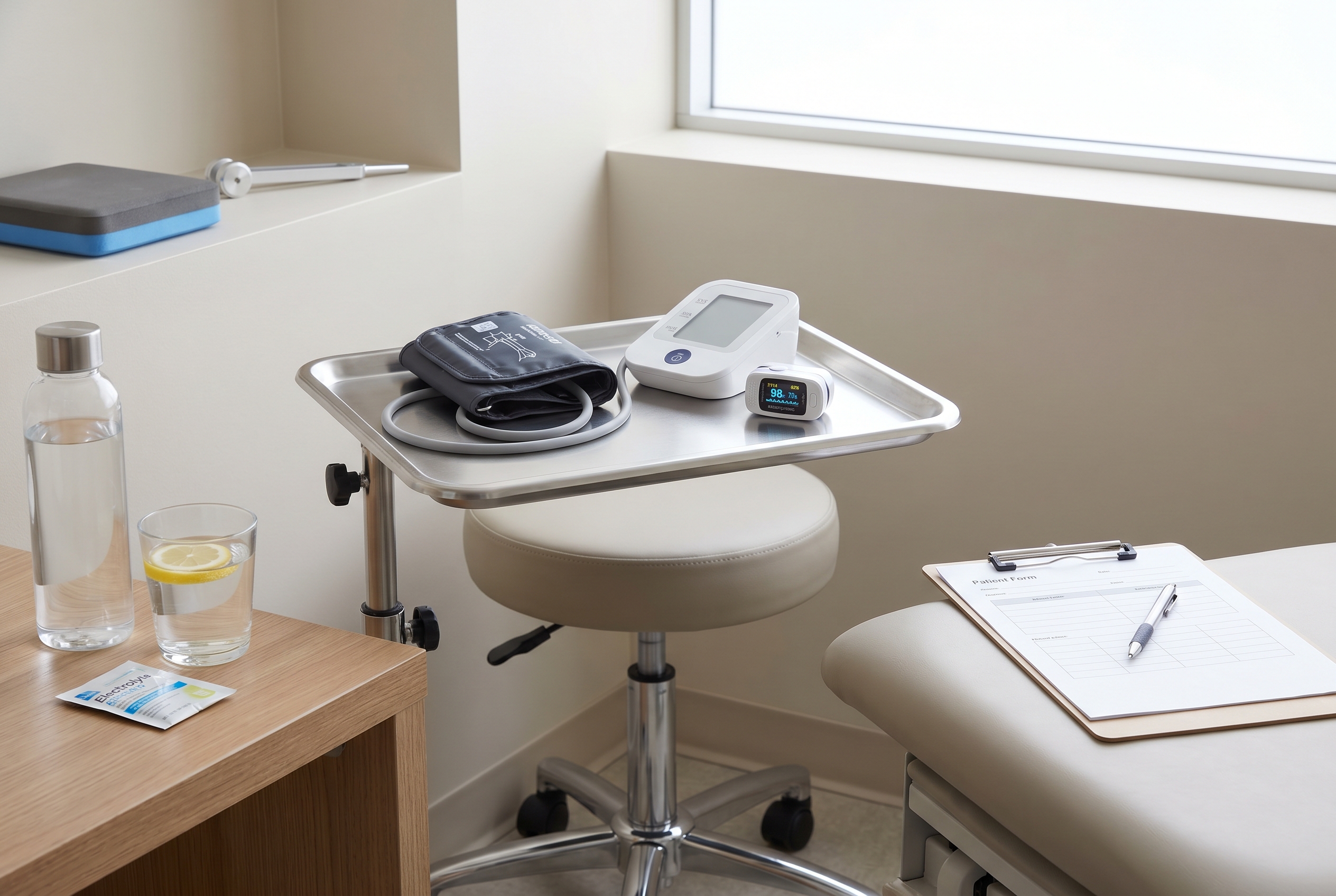 Clinical autonomic assessment setup with blood pressure cuff and heart rate monitoring in a clean exam room