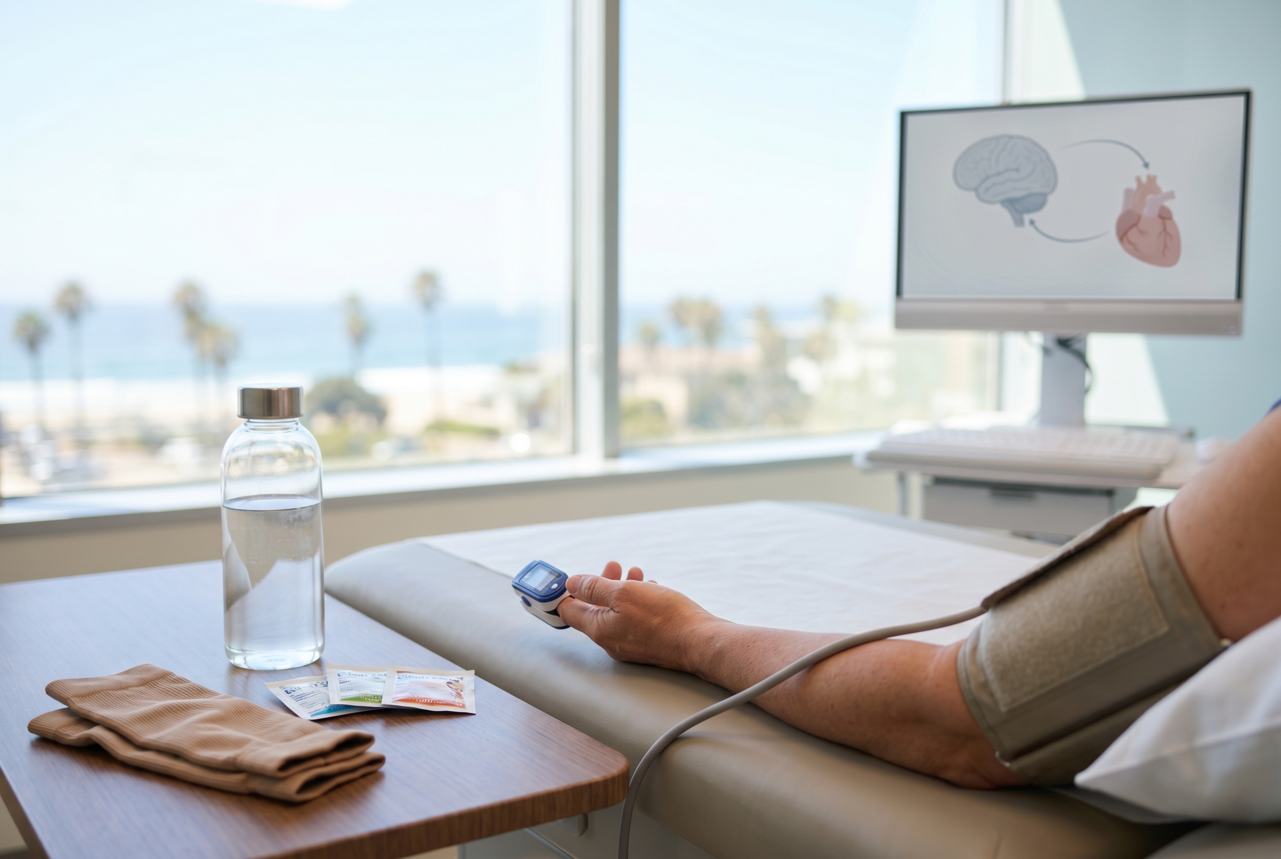 Clinical evaluation setup for POTS including blood pressure cuff and pulse oximeter in a San Diego clinic