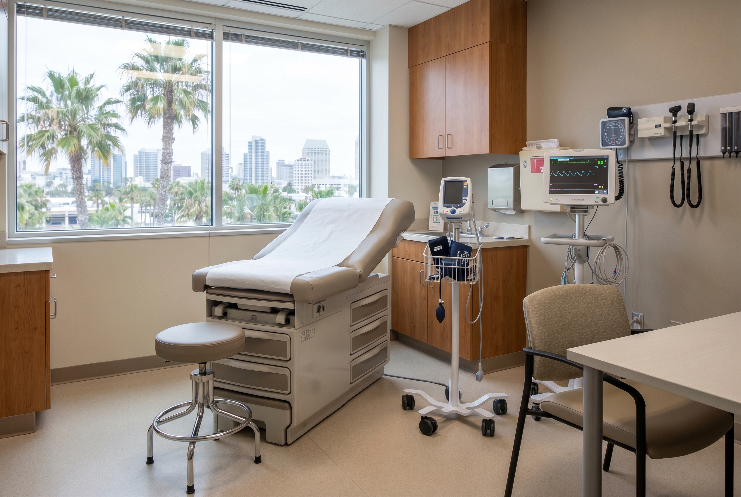 Clinical evaluation setup for orthostatic intolerance symptoms in a clean San Diego exam room