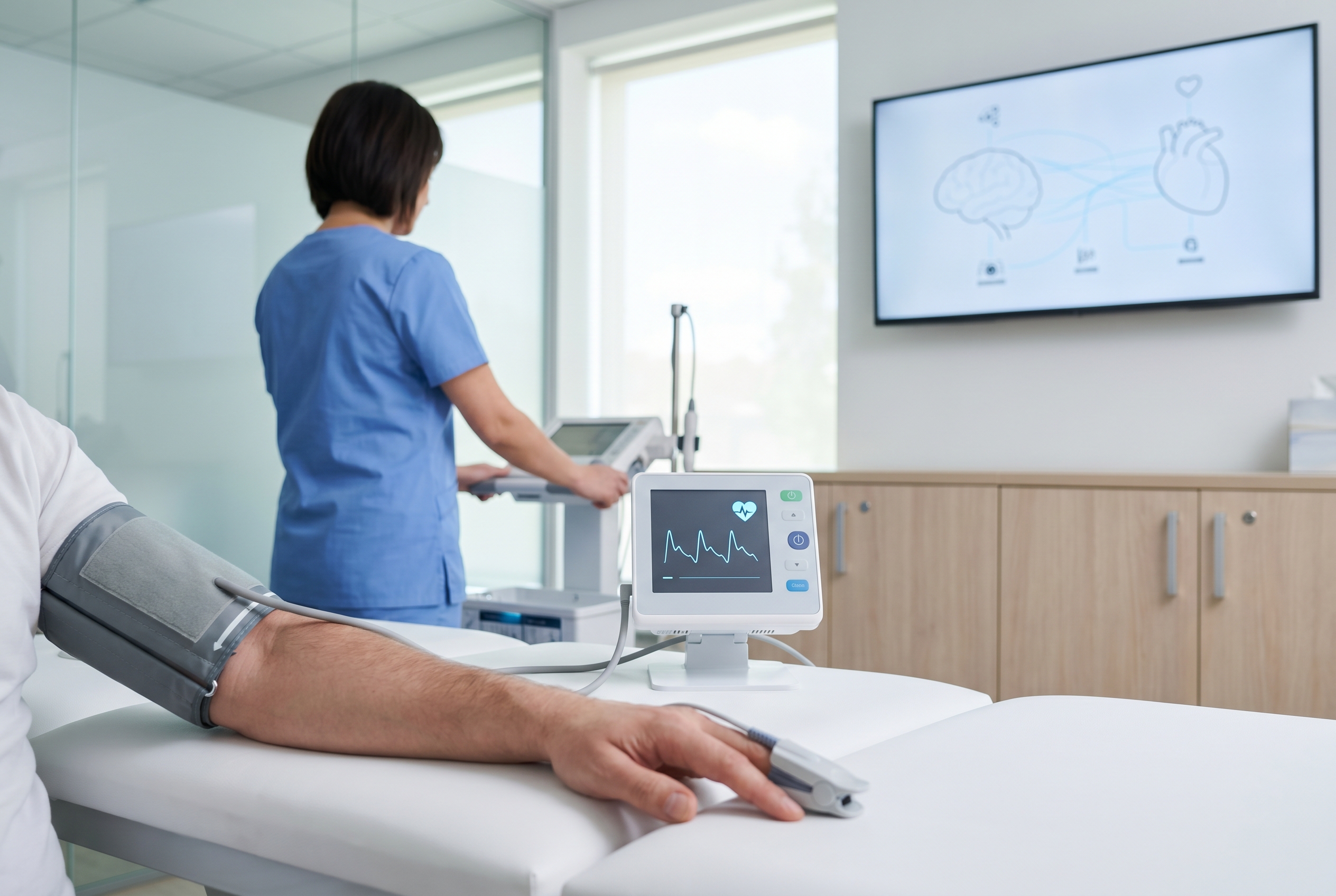 Clinical autonomic evaluation setup for orthostatic intolerance symptoms in a clean San Diego exam room