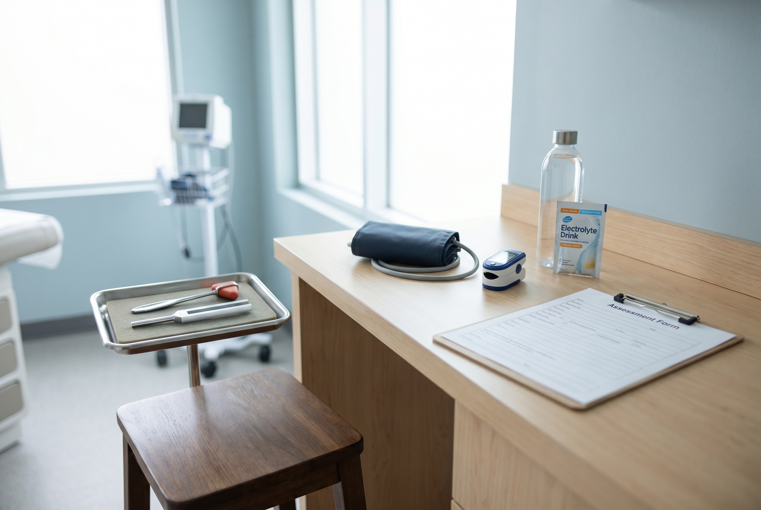 Clinical autonomic assessment setup with blood pressure cuff, pulse oximeter, and hydration cues in a clean exam room