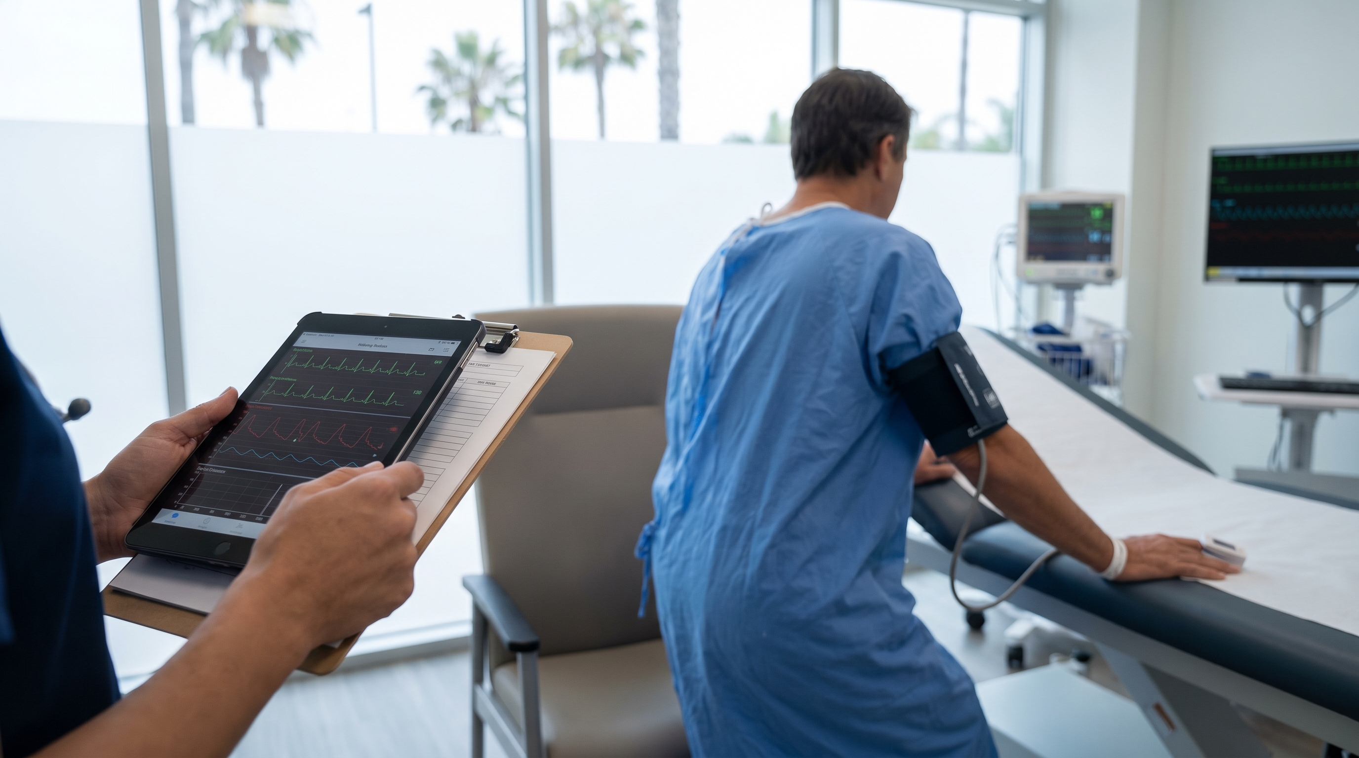 Clinical autonomic evaluation setup with blood pressure cuff, pulse oximeter, and seated to standing assessment in a modern exam room