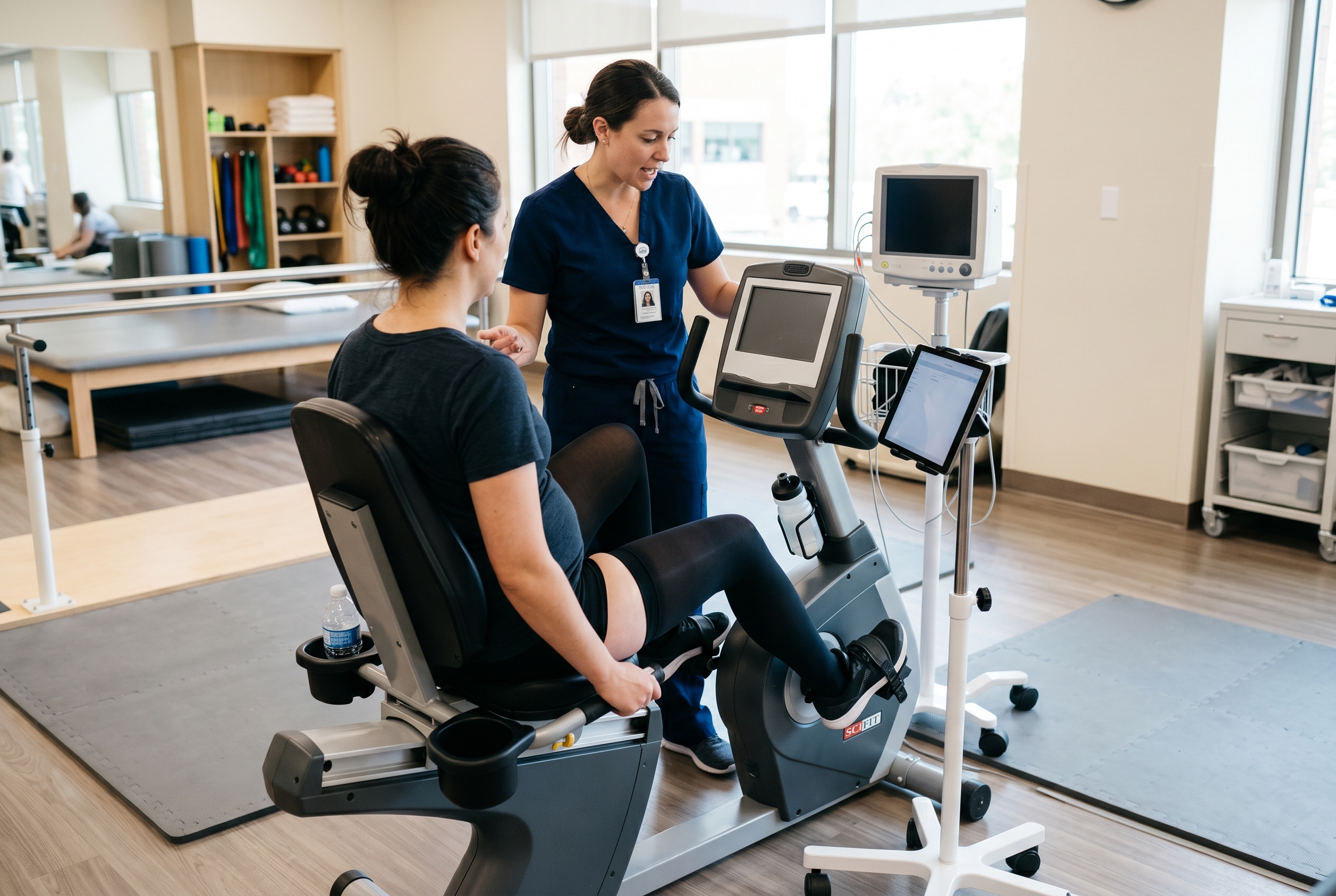 Patient performing recumbent exercise as part of non-medication POTS rehabilitation in a clinical setting