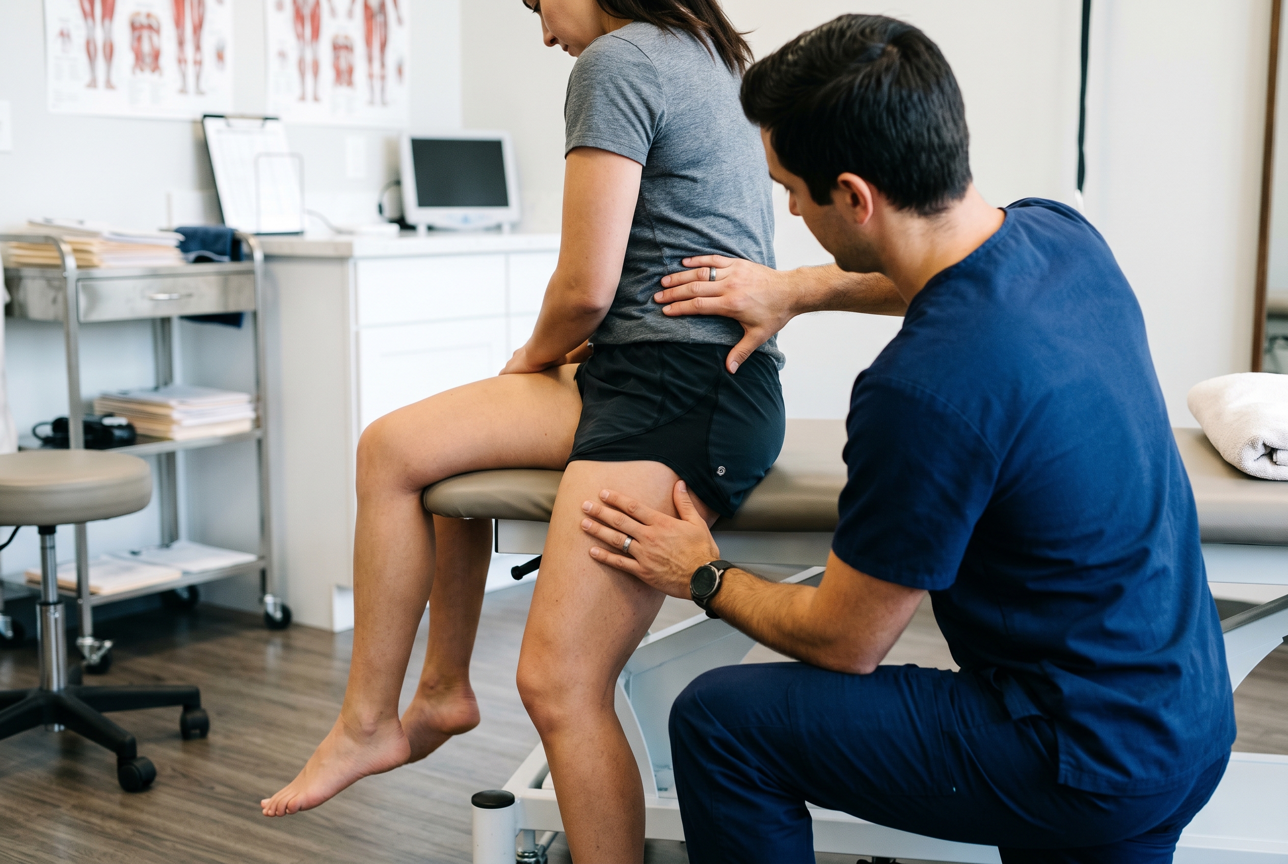 Clinician reviewing low back, gluteal, and radiating leg pain patterns with a patient experiencing sciatica vs piriformis syndrome in a clinical exam room