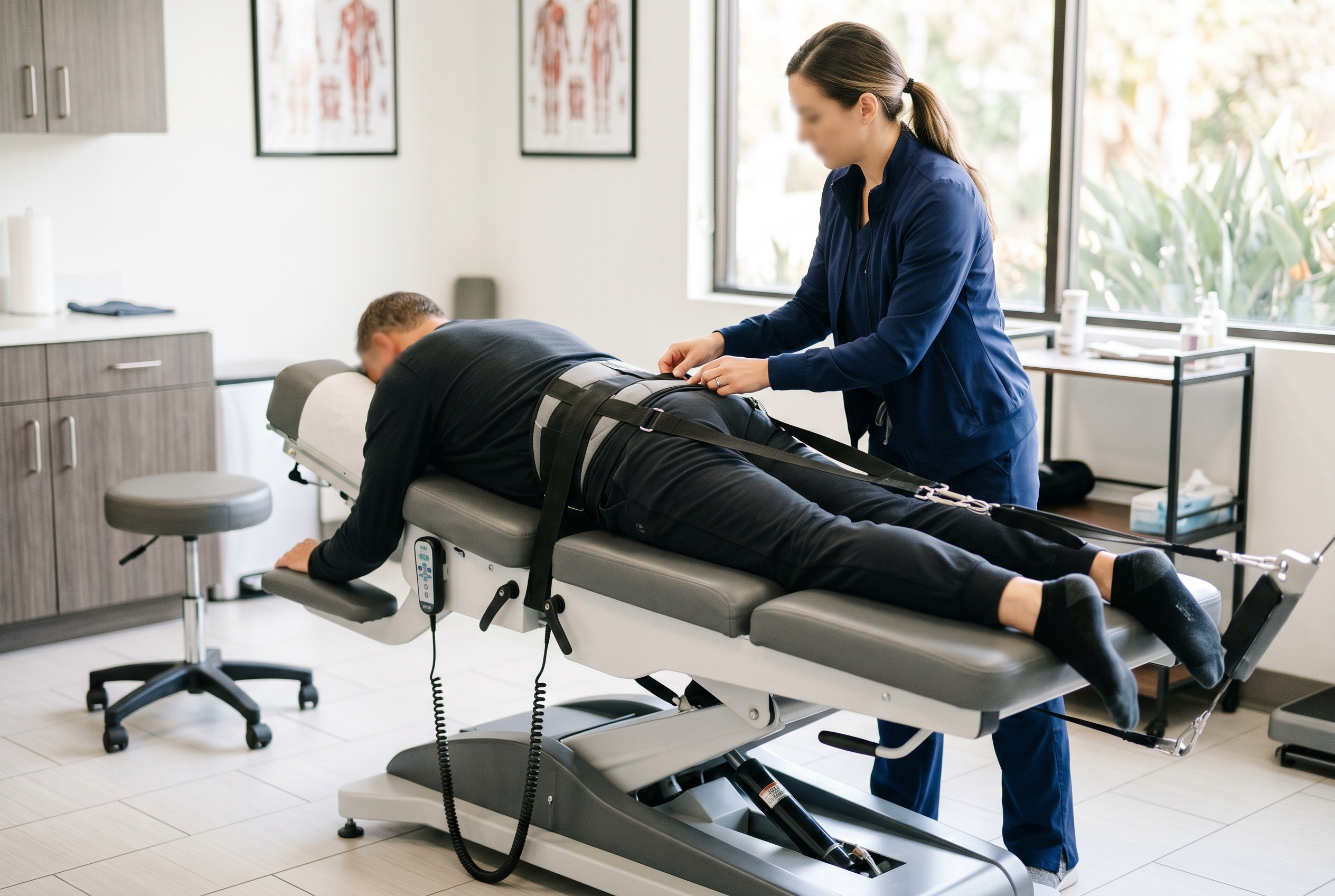 Non-surgical spinal decompression treatment setup in a San Diego clinic for spinal decompression cost San Diego