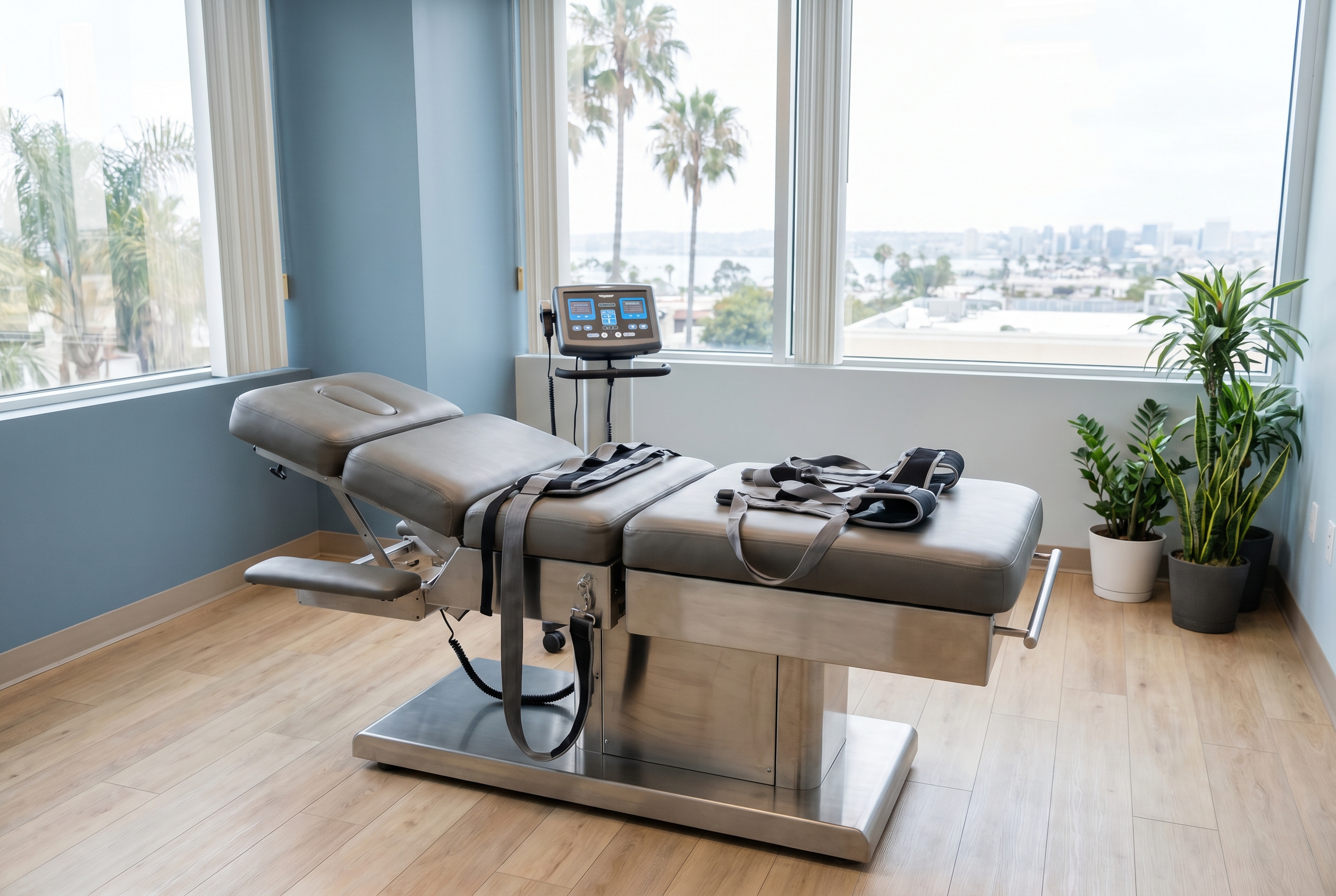 Clinical spinal decompression setup for sciatica treatment in San Diego